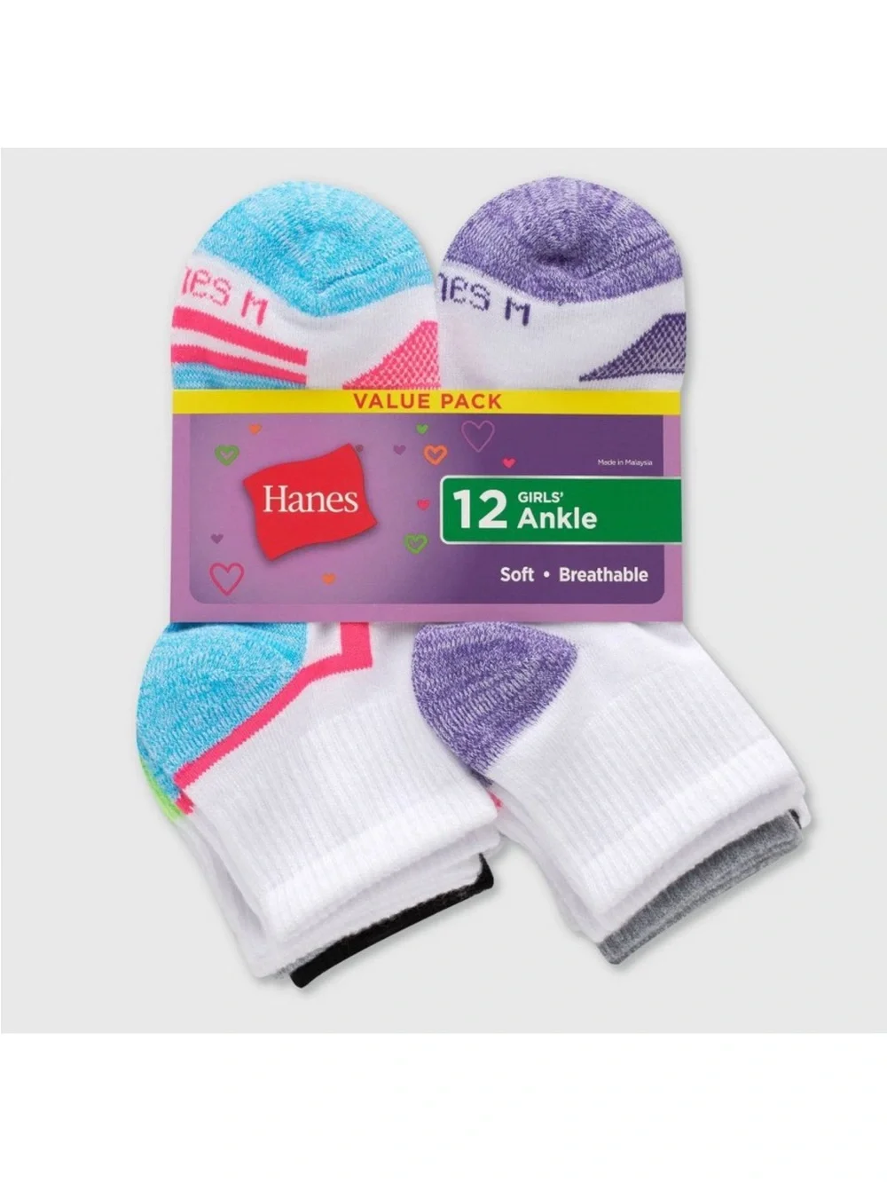 12 Hanes Girls' Athletic Ankle Socks Value Pack